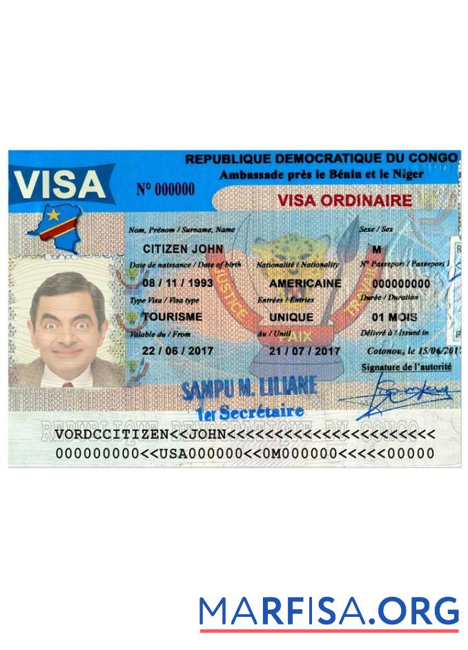 Printable Congo tourist visa real example